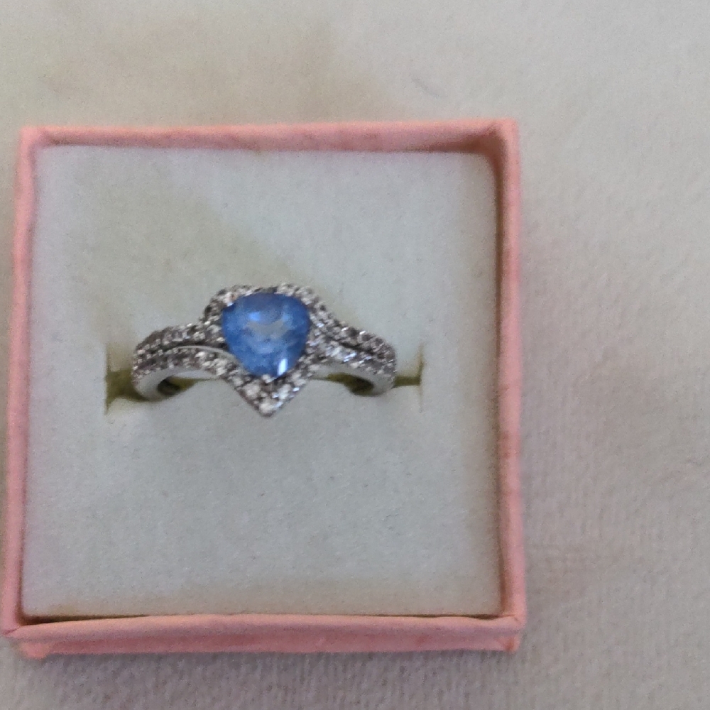 Tanzanite Silver Heart Ring, Size 6, Zircon Halo, Blue, Dainty, New, Gemstone,